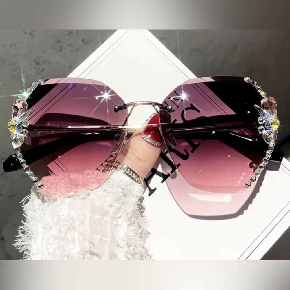 sunglasses for women round purple diamond gradient rimless uv 400